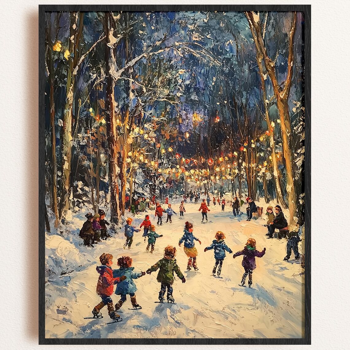 Children Ice Skating Snowy Lantern Woods Winter Painting Poster