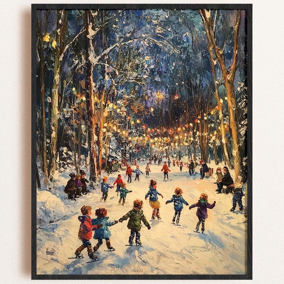 Children Ice Skating Snowy Lantern Woods Winter Painting Poster