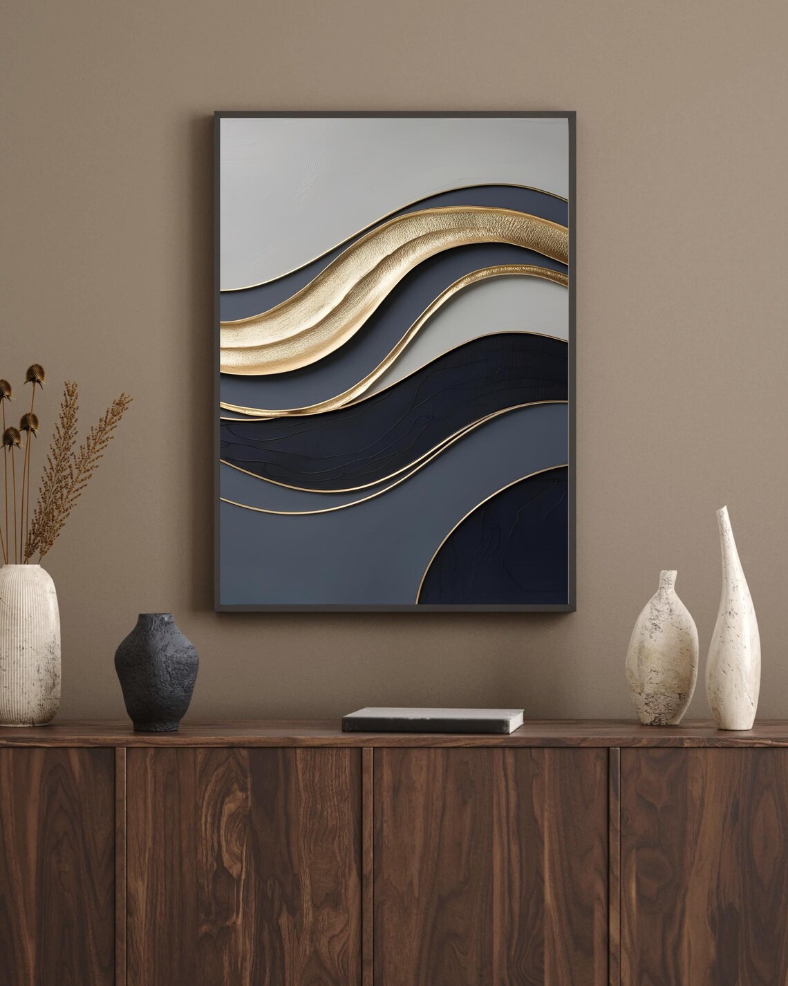 Dark Grey and Gold Wavy Lines Luxury Minimalist Abstract Wall Art