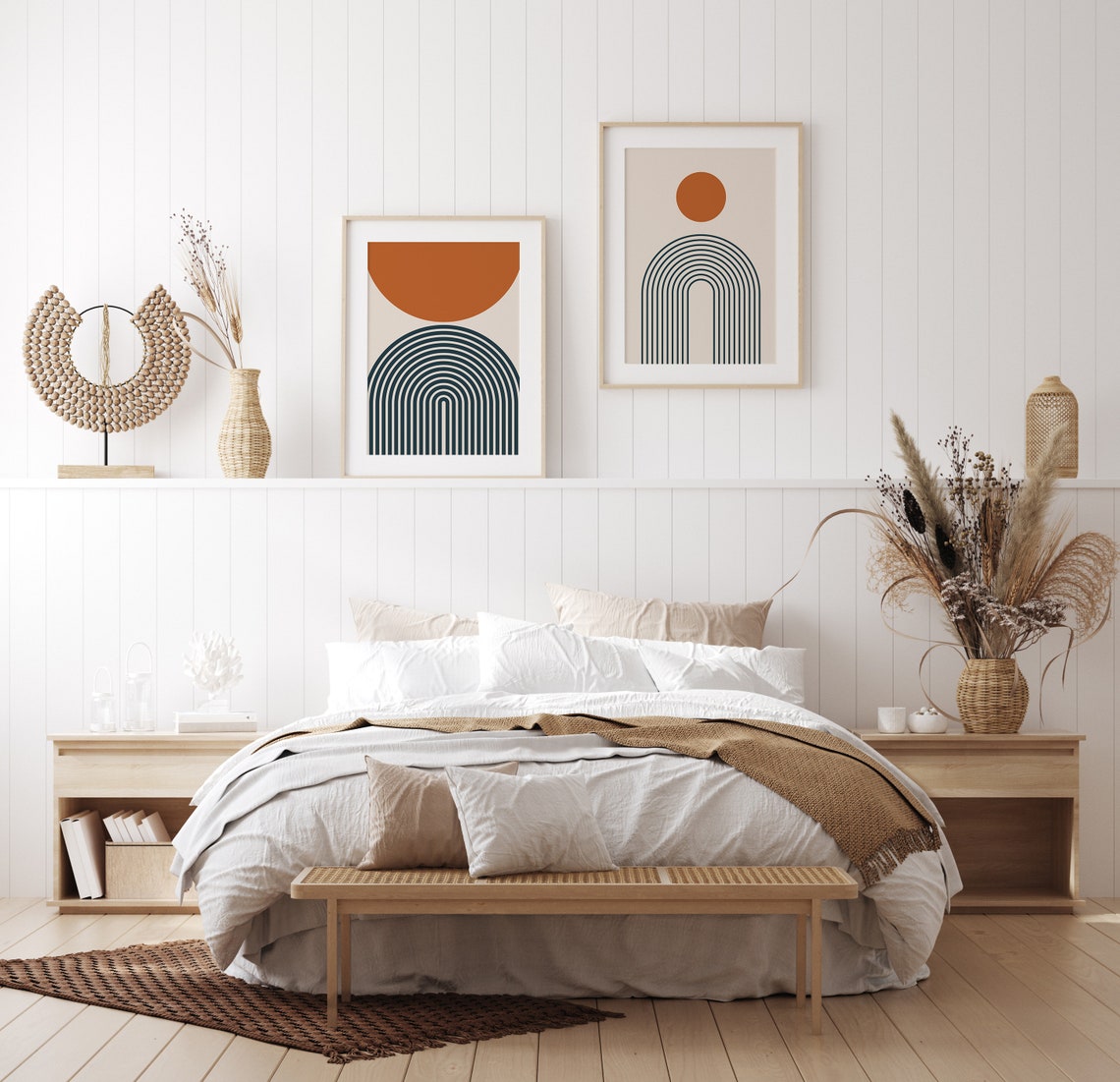 Retro Burnt Orange Sun Arch Navy Stripes Mid Century Boho Art Poster - Image 2