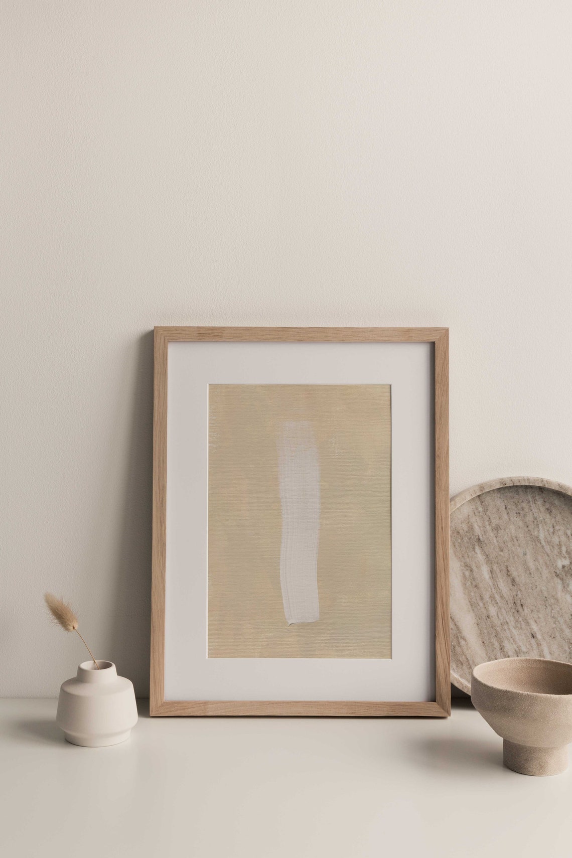 Single White Brushstroke Textured Beige Minimalist Abstract Art Poster - Image 3