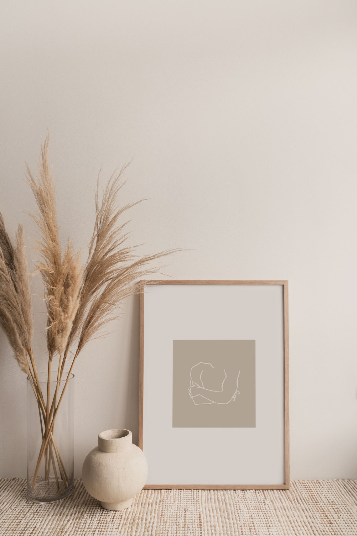Taupe Minimalist Line Art Crossed Arms Embrace Abstract Poster
