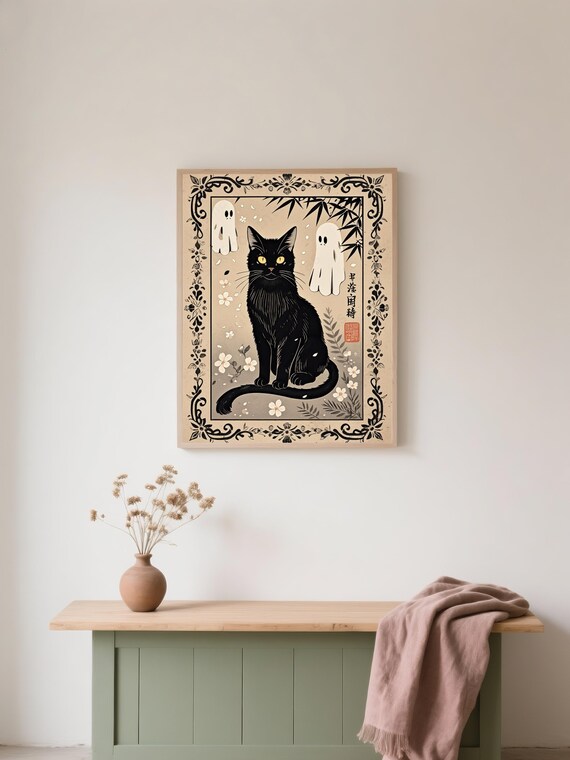 Gothic Black Cat Framed Canvas Art Halloween Wall Decor