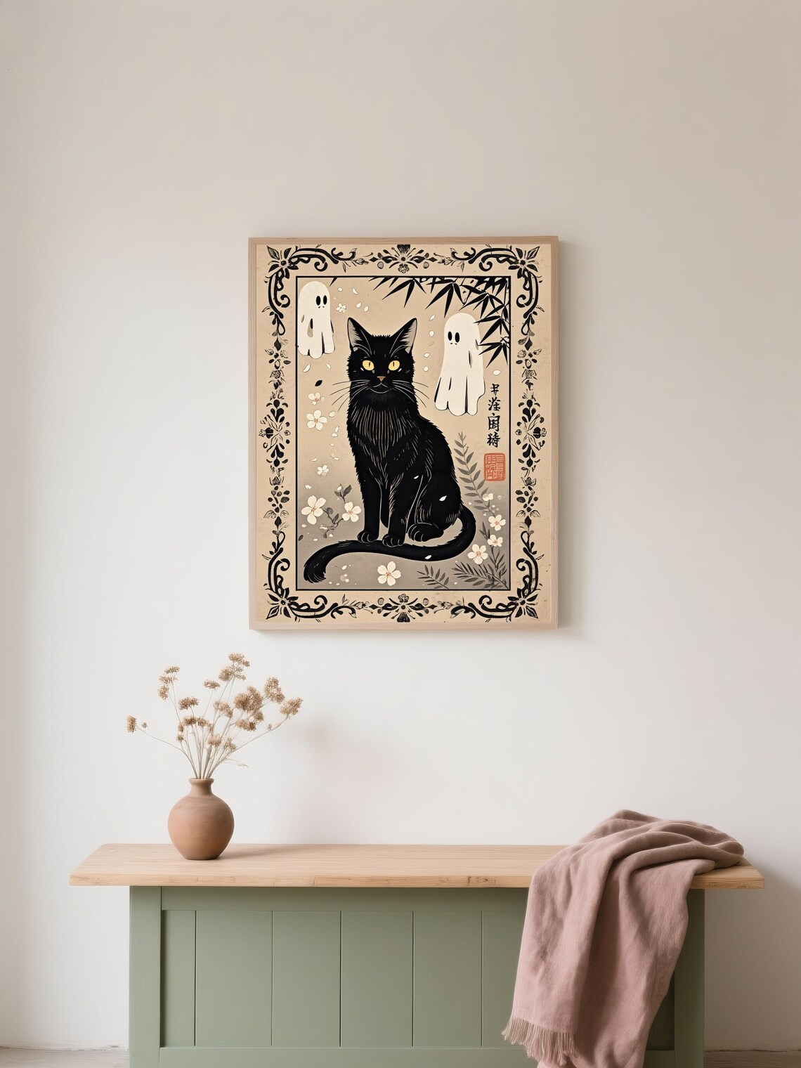 Gothic Black Cat Framed Canvas Art Halloween Wall Decor