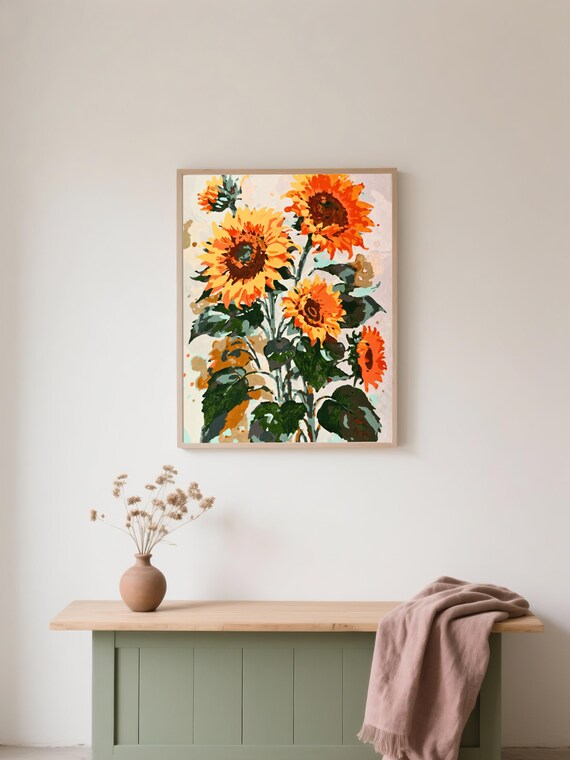 Sunflower Wall Print Boho Botanical Acrylic Painting