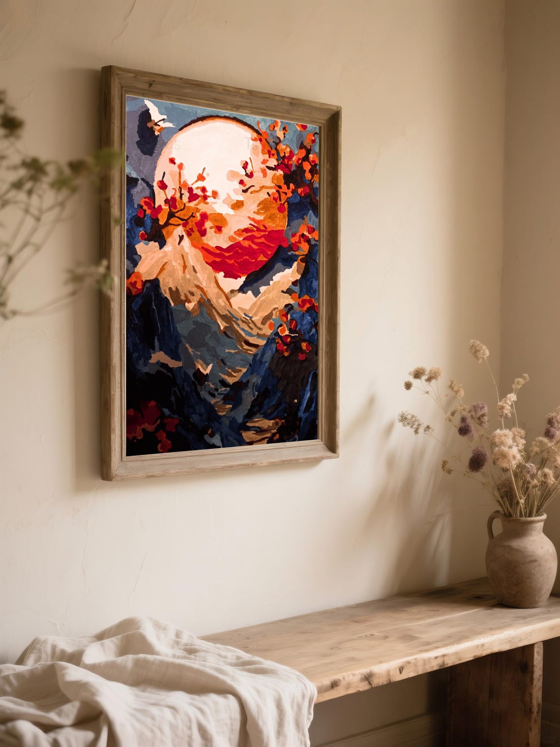 Moonlit Mountain Cherry Blossom Night Sky Handpainted Art Poster