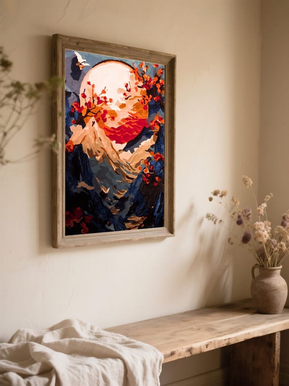 Handpainted Mountain Canvas Art Moonlit Cherry Blossoms Vintage Wall Decor