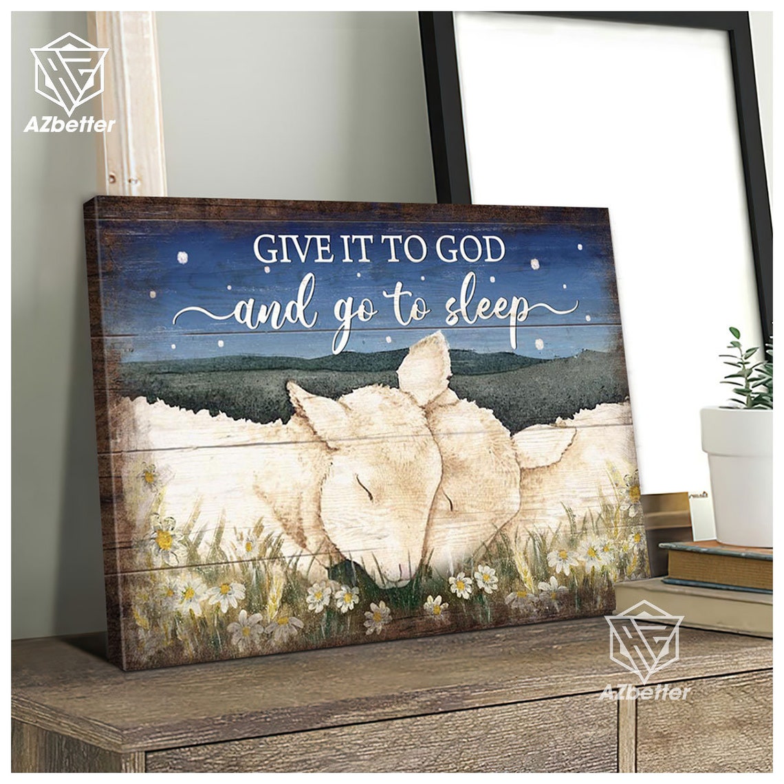 Give It To God And Go To Sleep Lambs Starry Night Daisies Poster - Image 5
