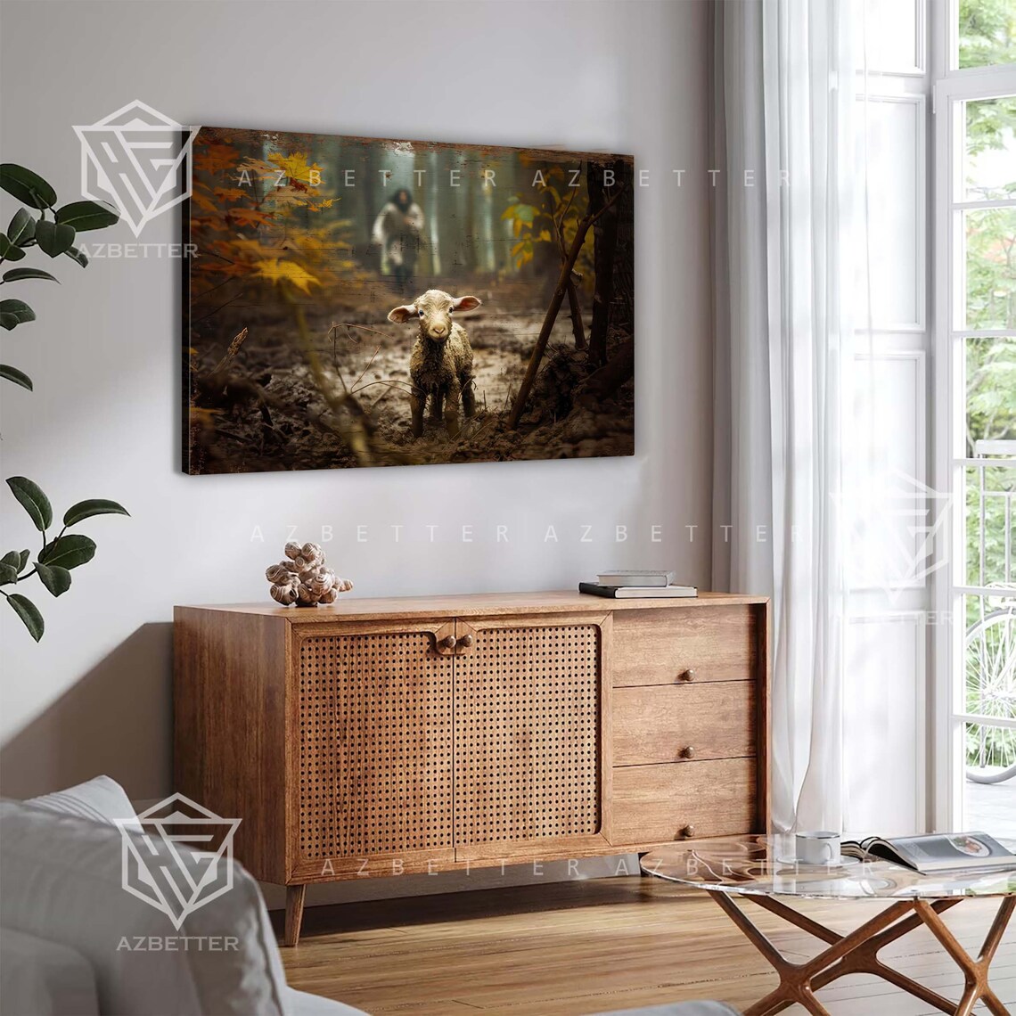 Lost Sheep Parable Jesus Running After Little Lamb Autumn Forest Poster - Image 3