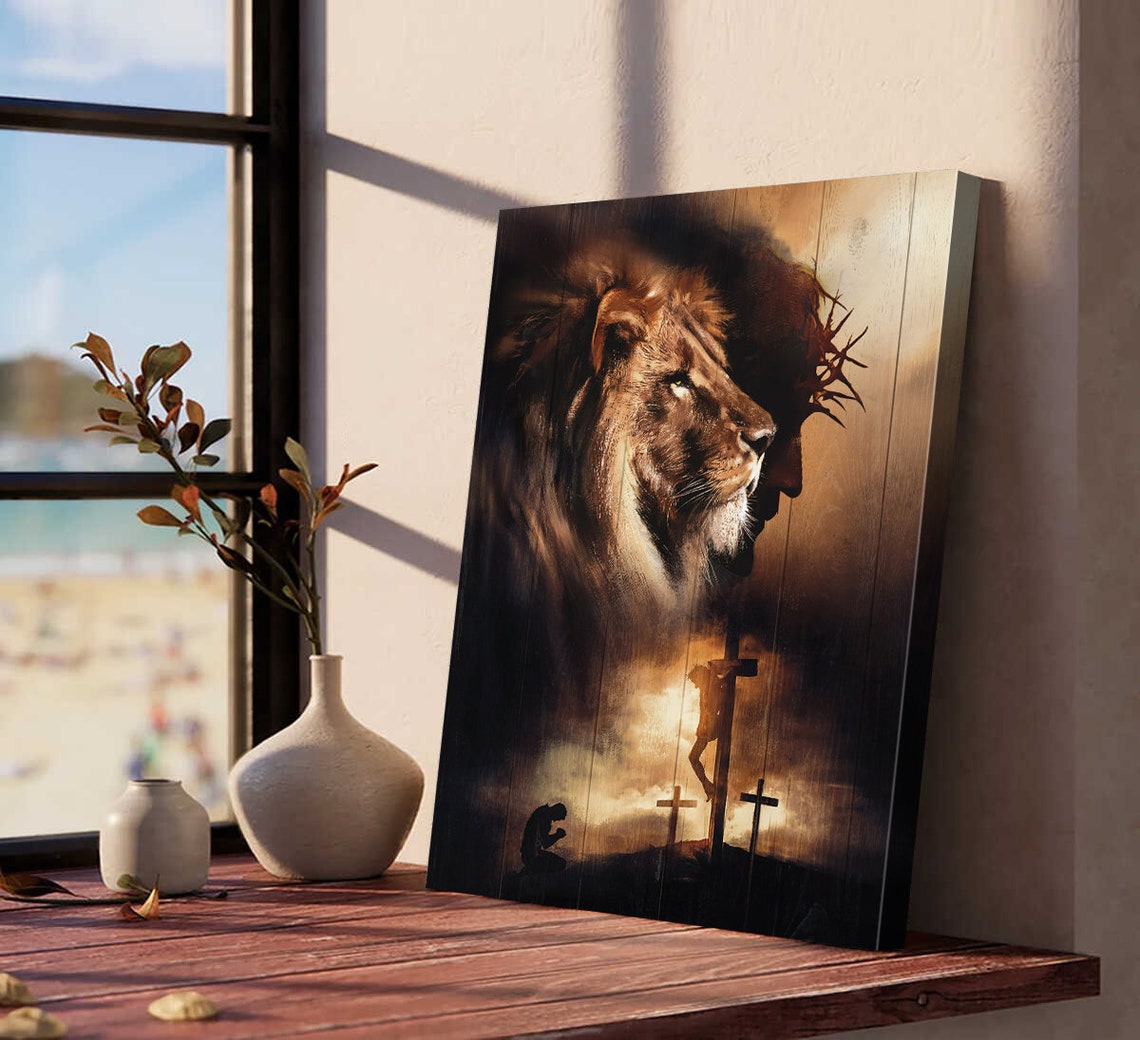 Lion And Jesus Art Painting God Wall Art Home Decor Gift For Christian Family Jesus Painting Lion Of Judad Praying With Jesus - Image 3