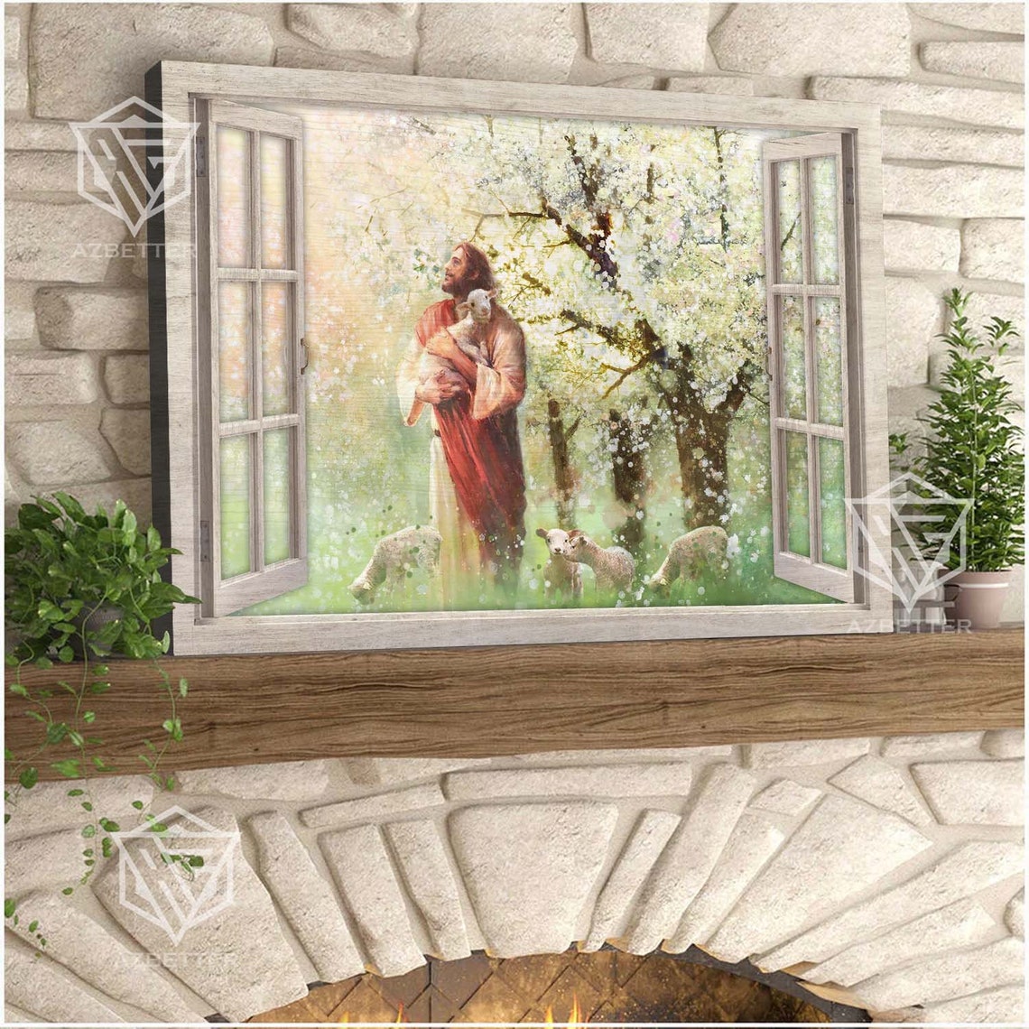 Jesus With Lamb In Blooming Orchard Open Window View Art Poster - Image 5