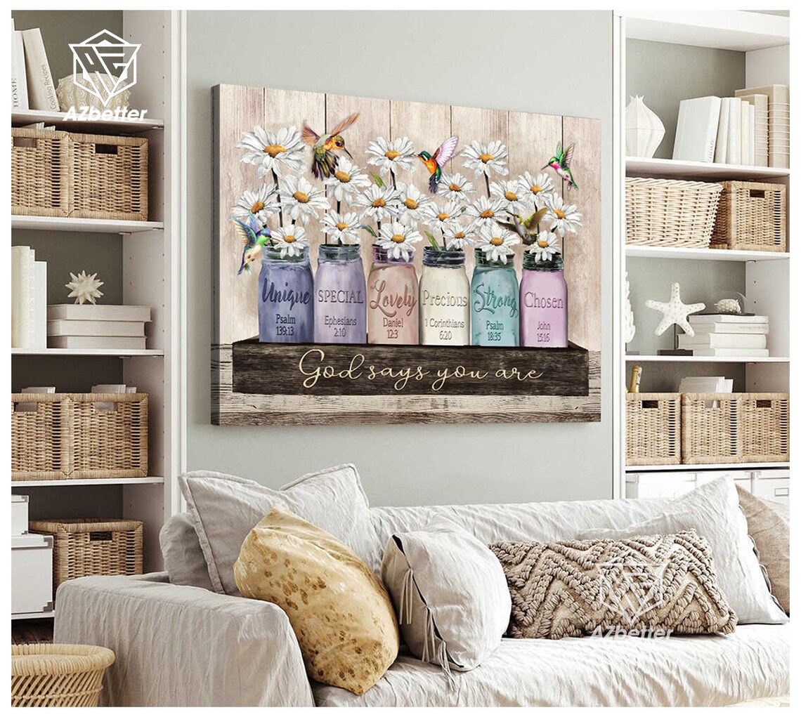God Says You Are Unique Mason Jar Daisies Hummingbirds Faith Poster - Image 4