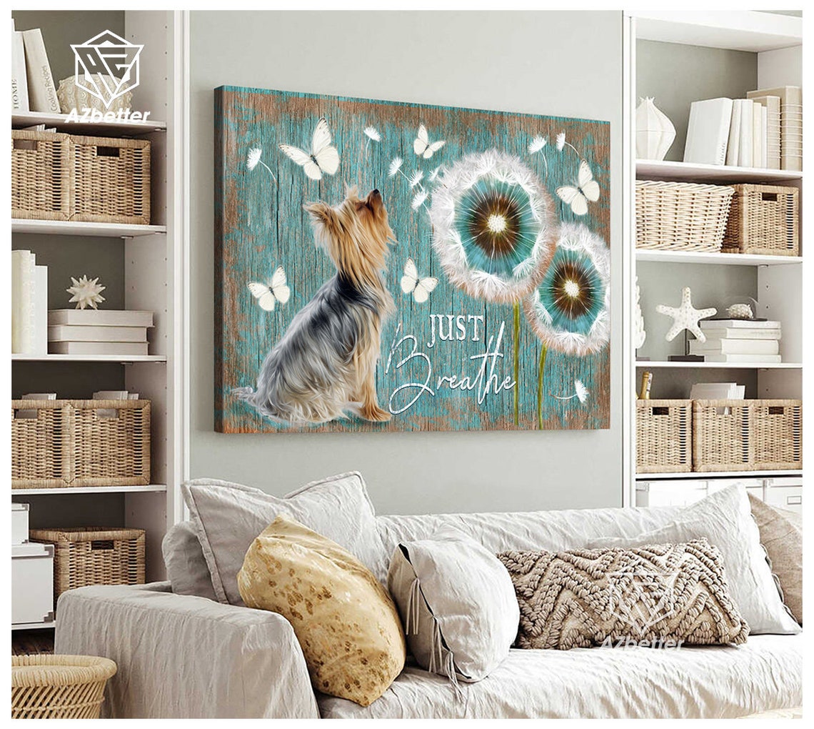 Yorkshire Terrier Just Breathe Dandelion Butterfly Teal Wood Poster - Image 4