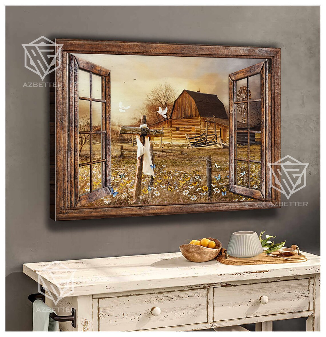 Rustic Window View Of Old Barn Cross And Wildflower Meadow Poster - Image 5