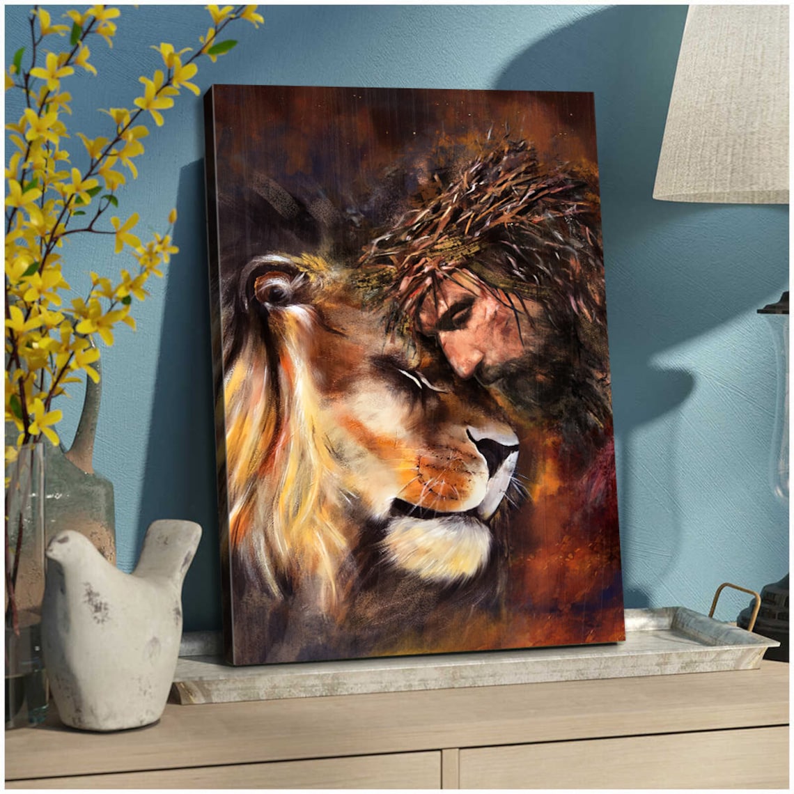 Jesus and Lion Embrace Crown of Thorns Christian Love Faith Art Poster