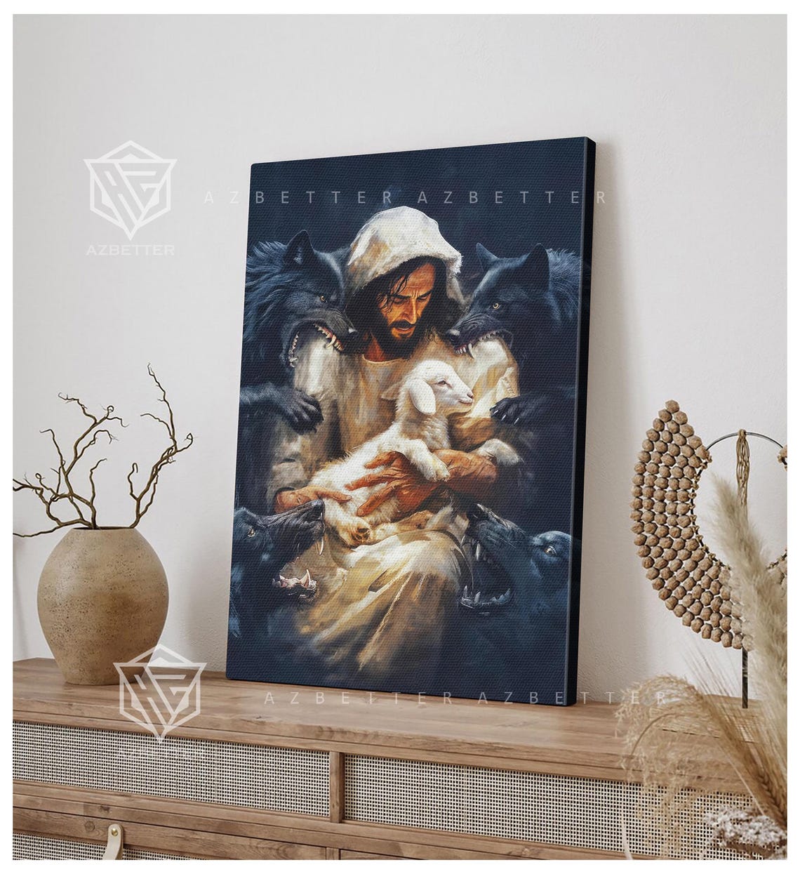 Jesus Protecting The Lamb From Wolves Christian Faith Canvas Poster - Image 4