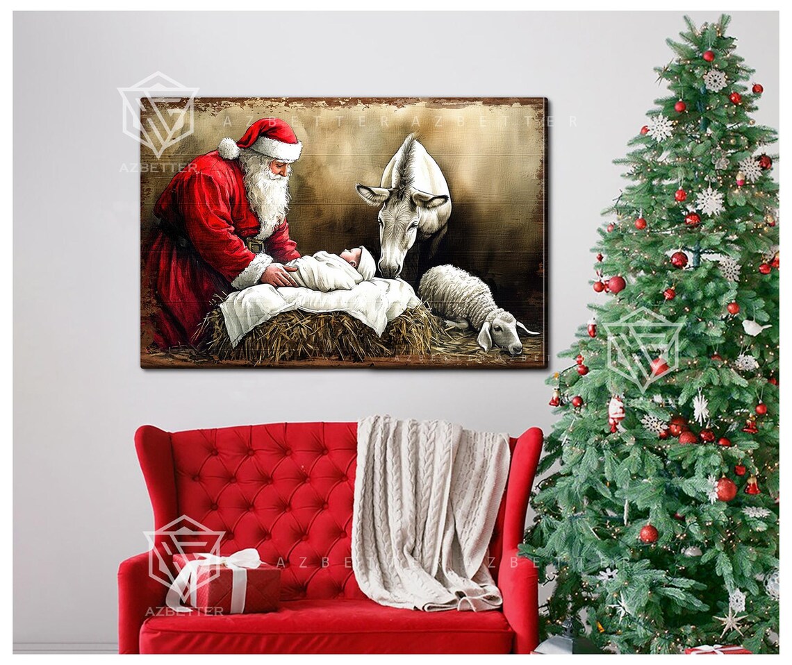 Santa With Swaddled Baby Jesus Donkey and Lamb Stable Scene Poster - Image 4