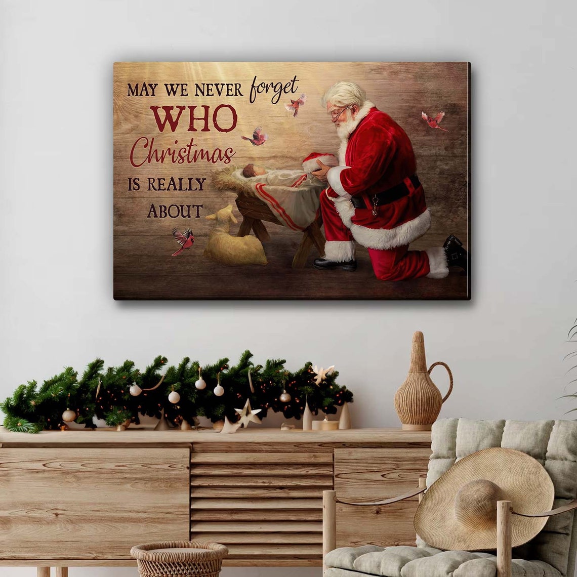 Kneeling Santa Before Baby Jesus Never Forget Christmas Poster - Image 3