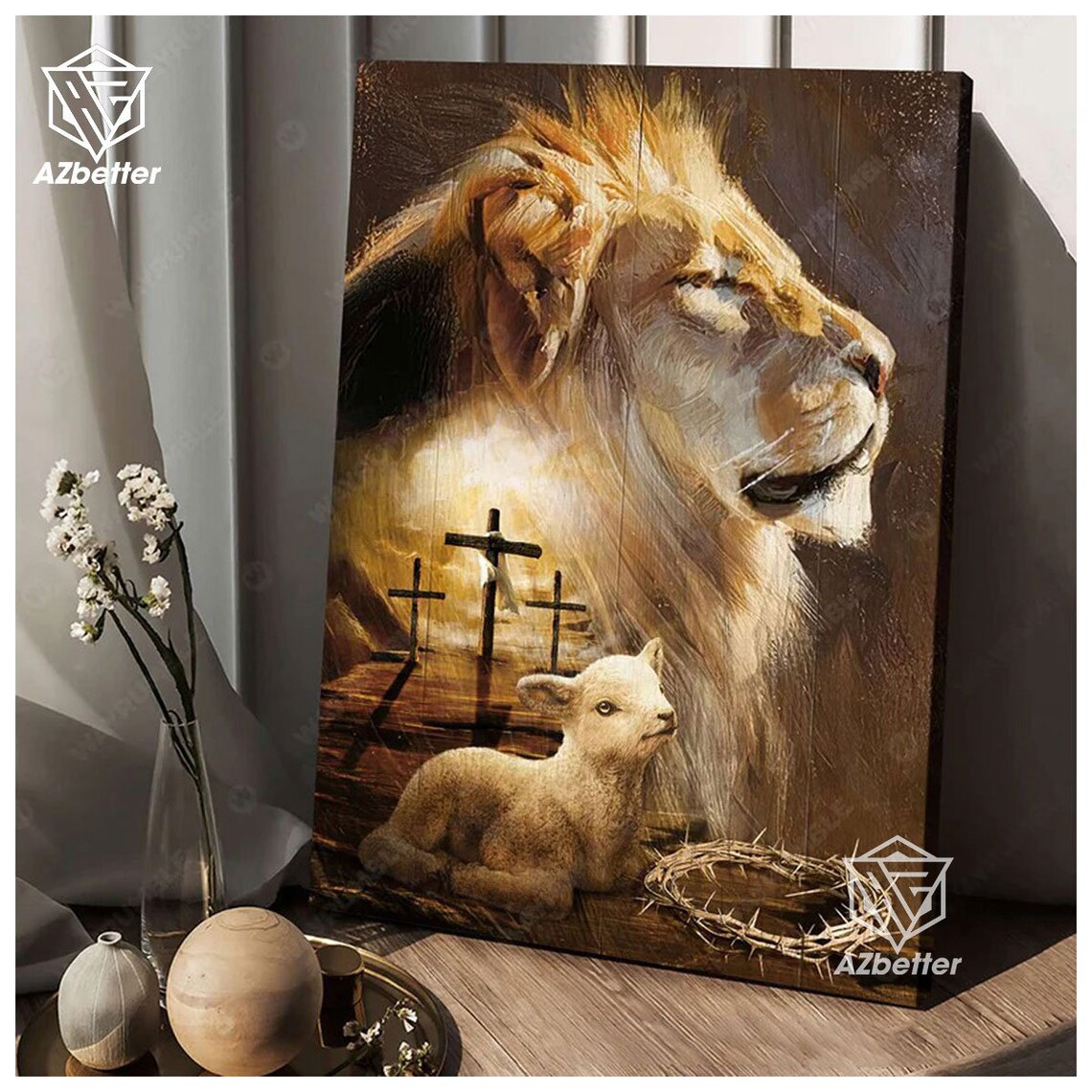 Lion and Lamb of God with Crown of Thorns Three Crosses Christian Poster - Image 3