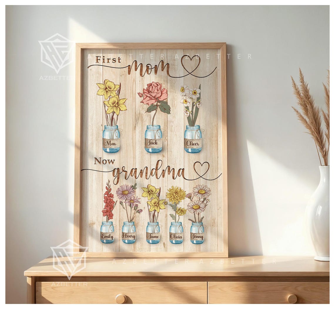 First Mom Now Grandma Birth Flower Mason Jar Family Keepsake Poster - Image 4
