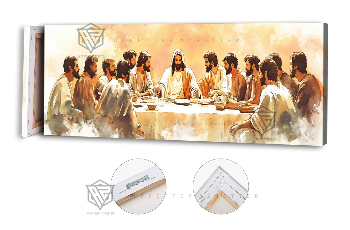 The Last Supper Jesus And Apostles Golden Watercolor Canvas Poster - Image 4