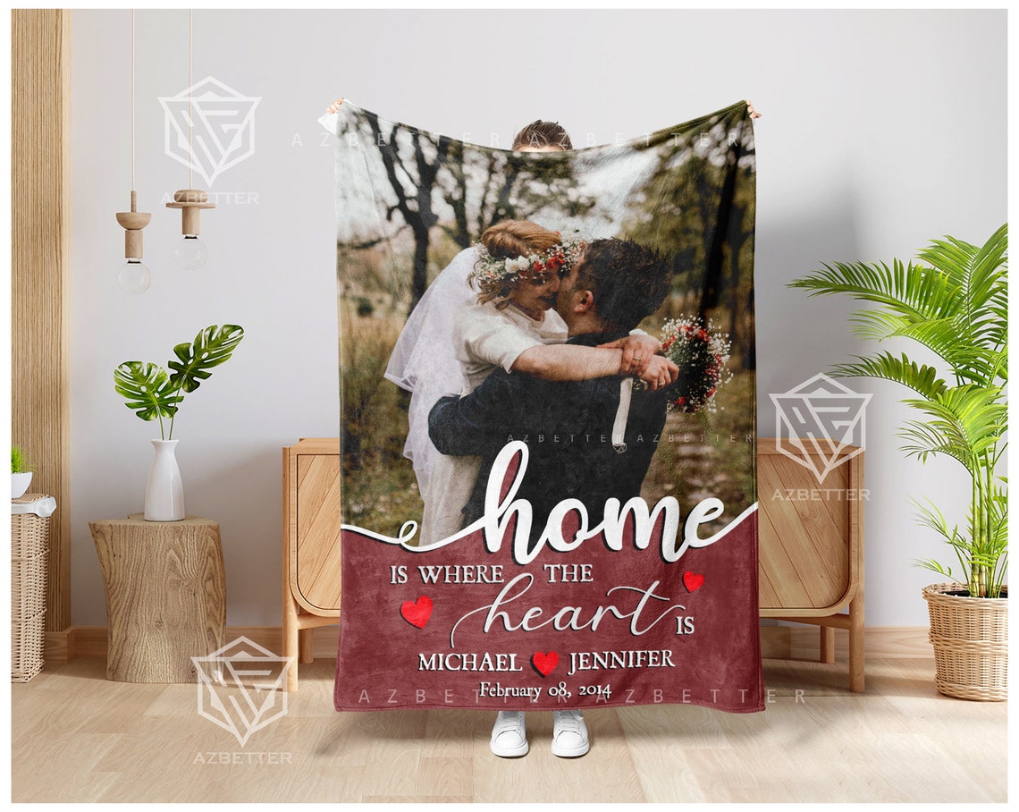 Personalized Couple Blanket Home Is Where The Heart Is Fleecesherpa Blanket Couple Custom Gift For Husband Photo Collage - Image 4