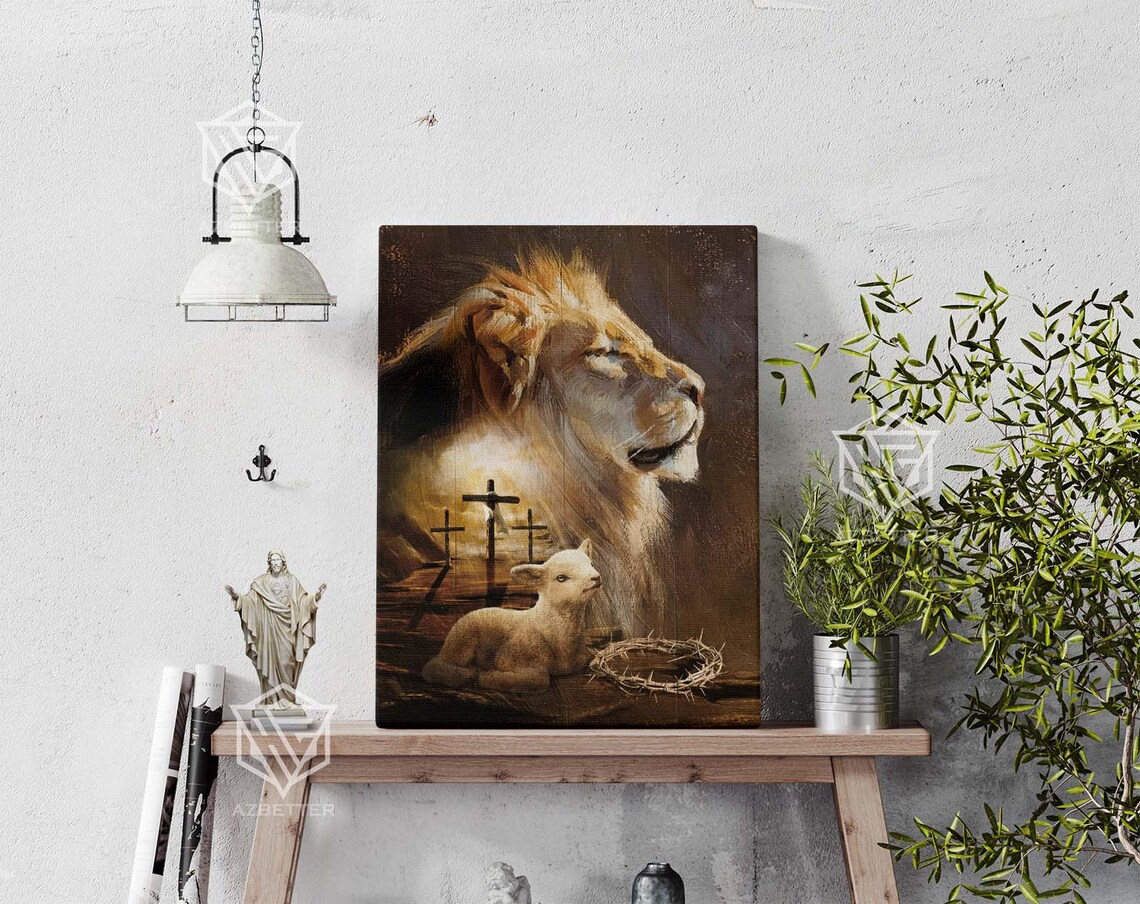 Lion and Lamb of God with Crown of Thorns Three Crosses Christian Poster - Image 4
