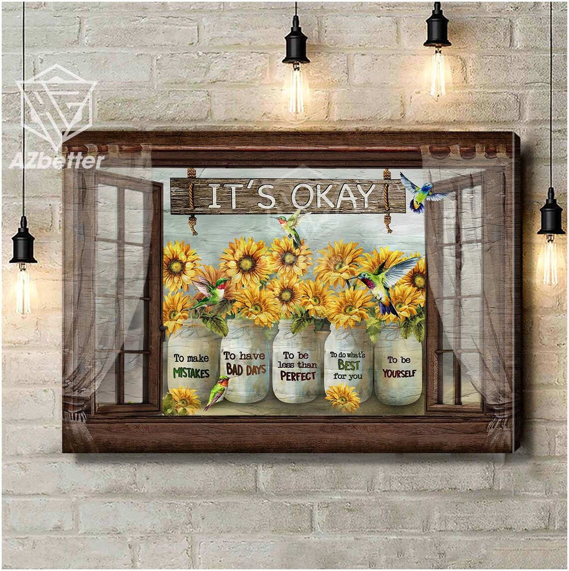 It's Okay Sunflower Mason Jar Encouragement Sign with Hummingbirds Poster - Image 4