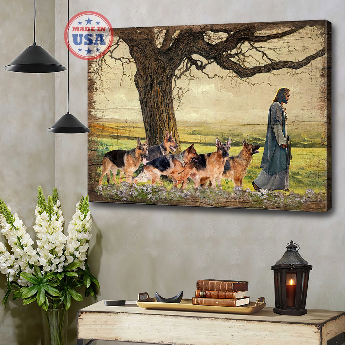 Jesus Walking with Five German Shepherds Across a Sunny Meadow Poster - Image 3