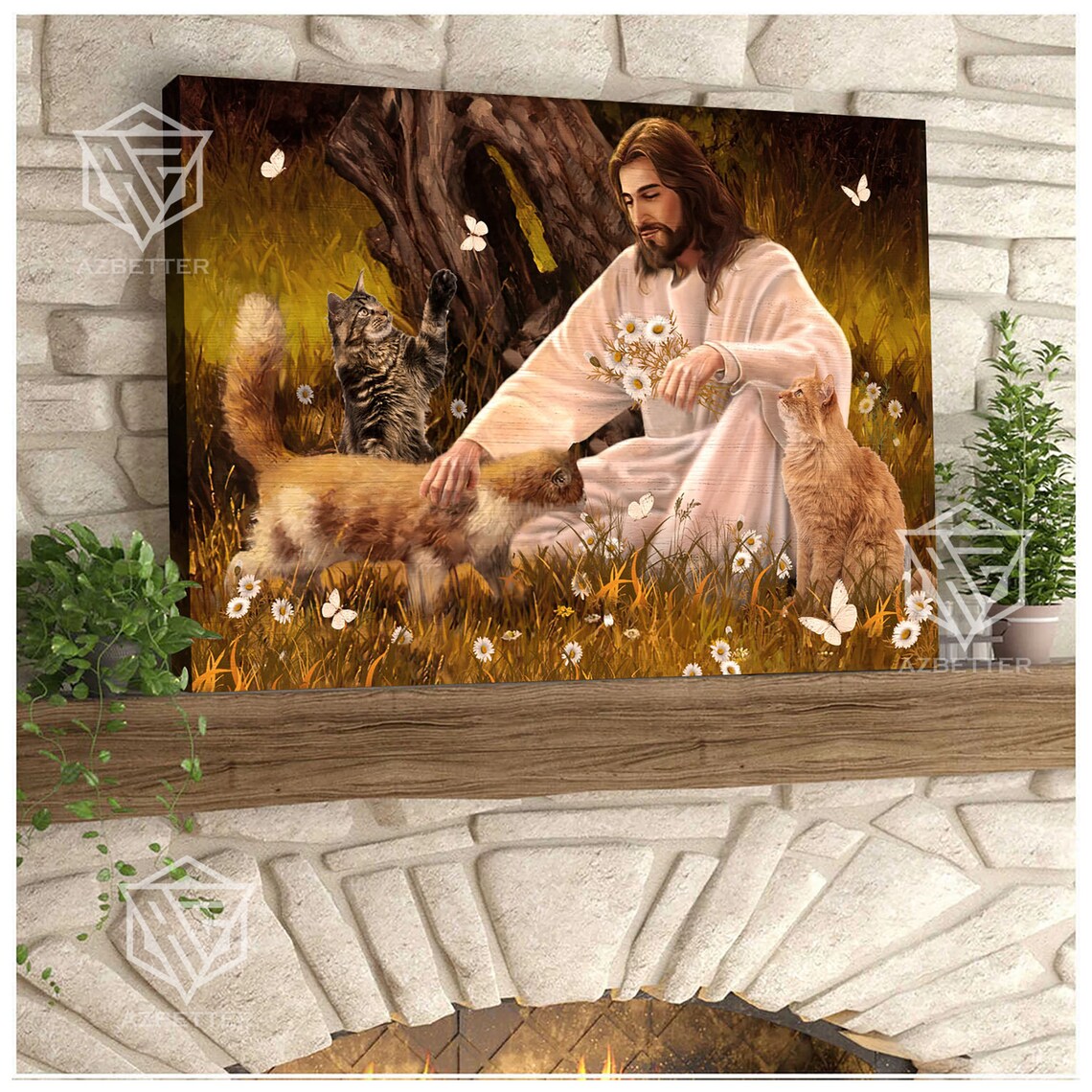 Jesus Petting Three Cats In Wildflower Field With Butterflies Poster - Image 5