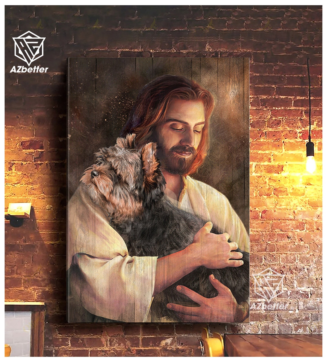 Jesus Tenderly Holding a Yorkshire Terrier Puppy Embrace Art Poster - Image 5