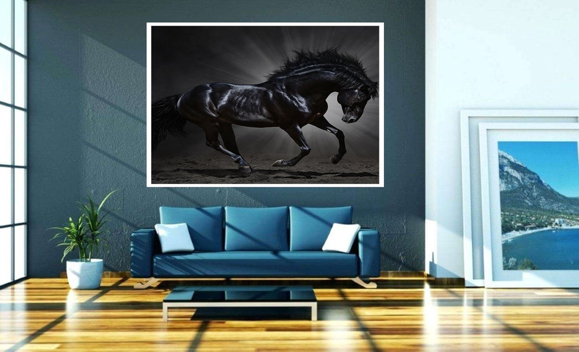 Majestic Black Horse Painting Wall Decor Noble Black Horse Painting Painting Large Animal Painting Ready To Hang Painting - Image 2