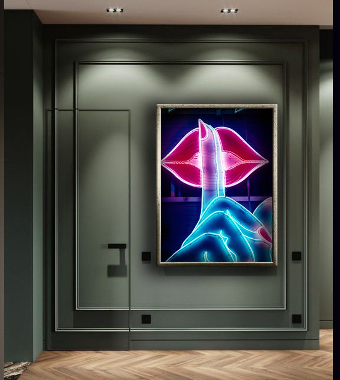 Neon Hush Sign Blue Hand Shush Pink Lips Nightclub Style Poster - Image 3
