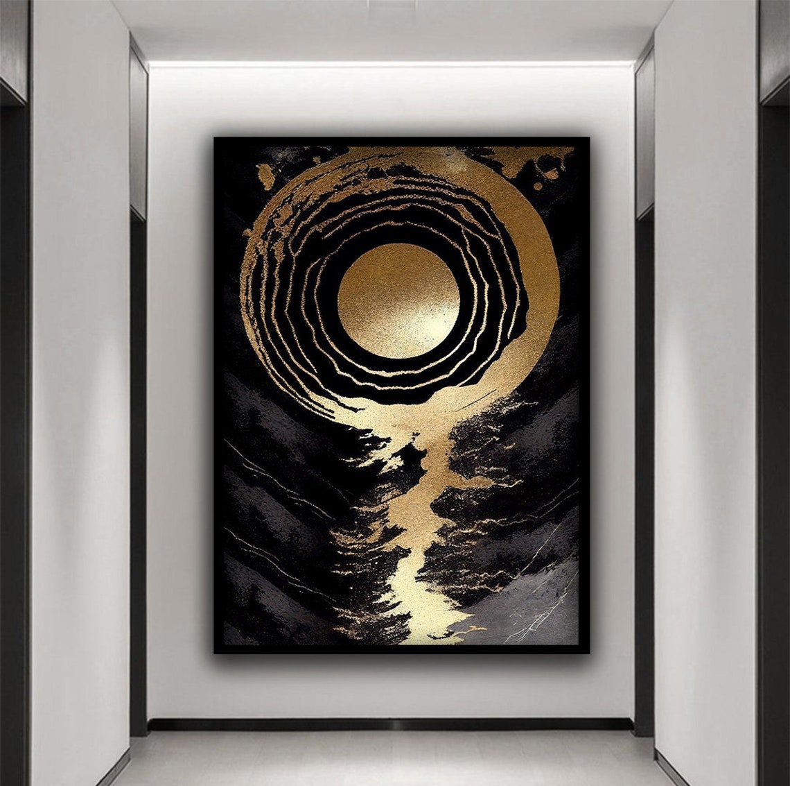 Golden Full Moon Over Black Marble Abstract Golden River Wall Art - Image 3