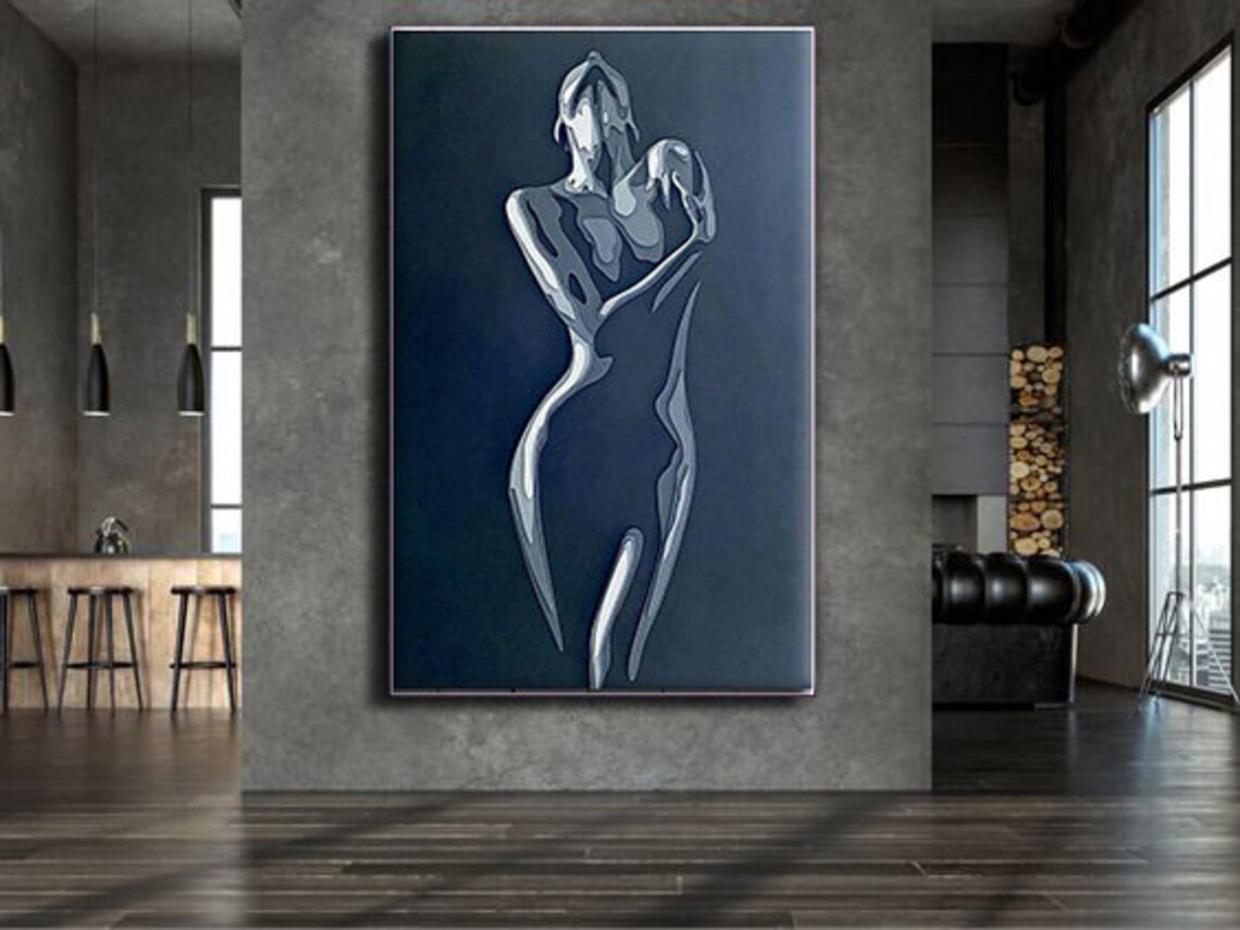 Silver Female Nude Figure Minimalist Line Art Dark Blue Abstract Painting Poster - Image 4