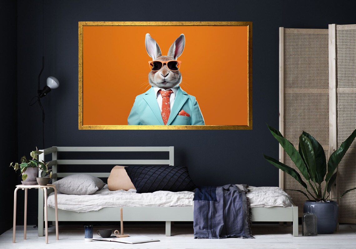 Funny Rabbit In Sunglasses Teal Suit Orange Background Business Bunny Art Poster - Image 4