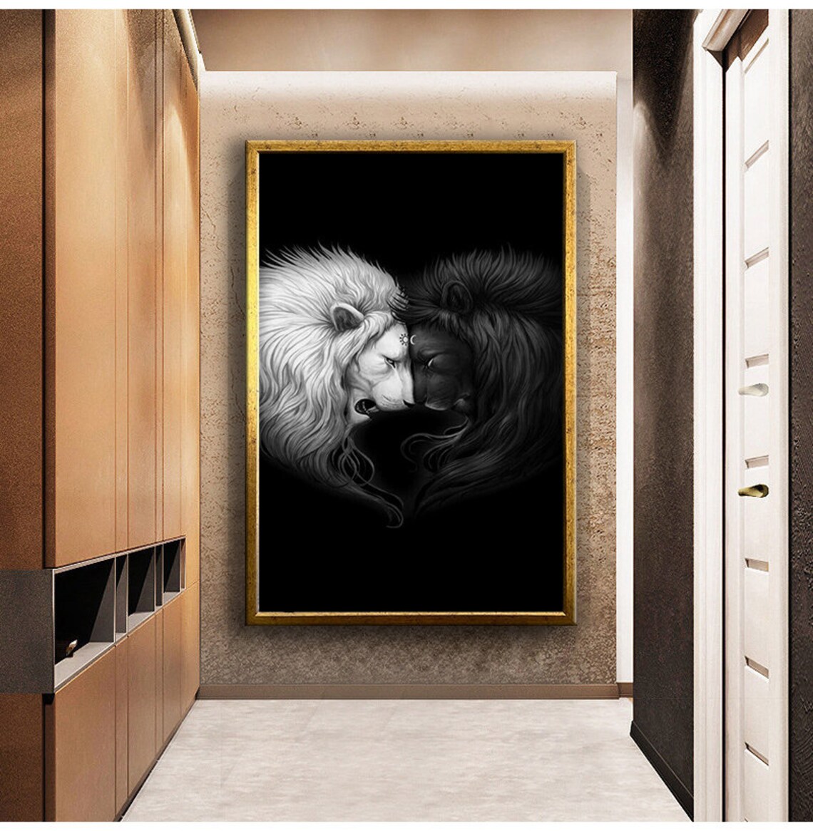 White And Black Lion Pair Heart Shaped Black And White Art Print