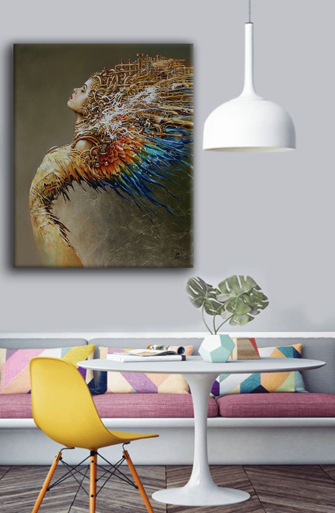 Woman Golden Lace Hair Colorful Feathers Surreal Elegant Portrait Print - Image 3