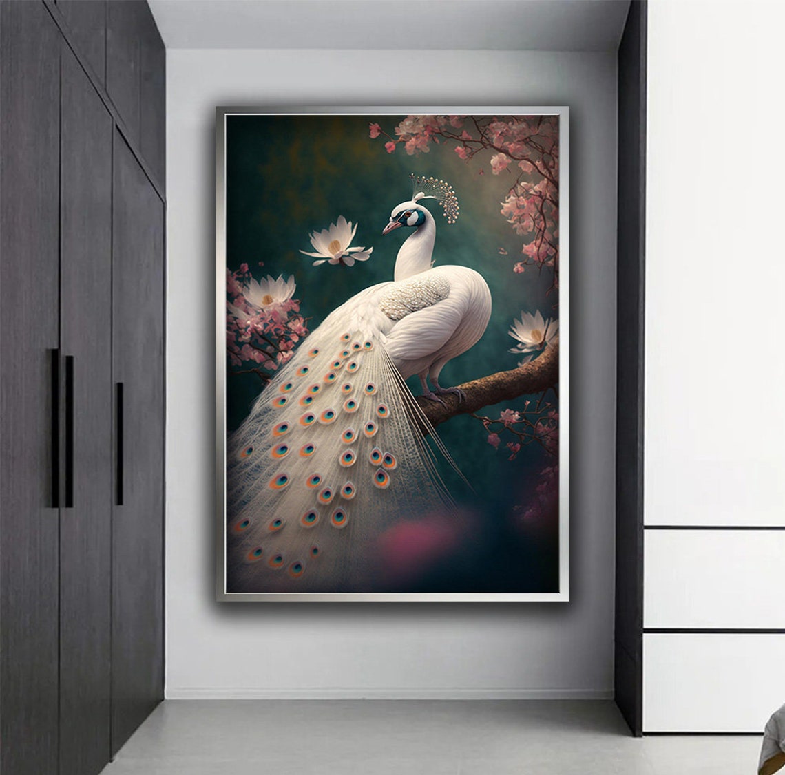 White Peacock On Blossom Tree Elegant Bird Painting Floral Wall Poster - Image 4