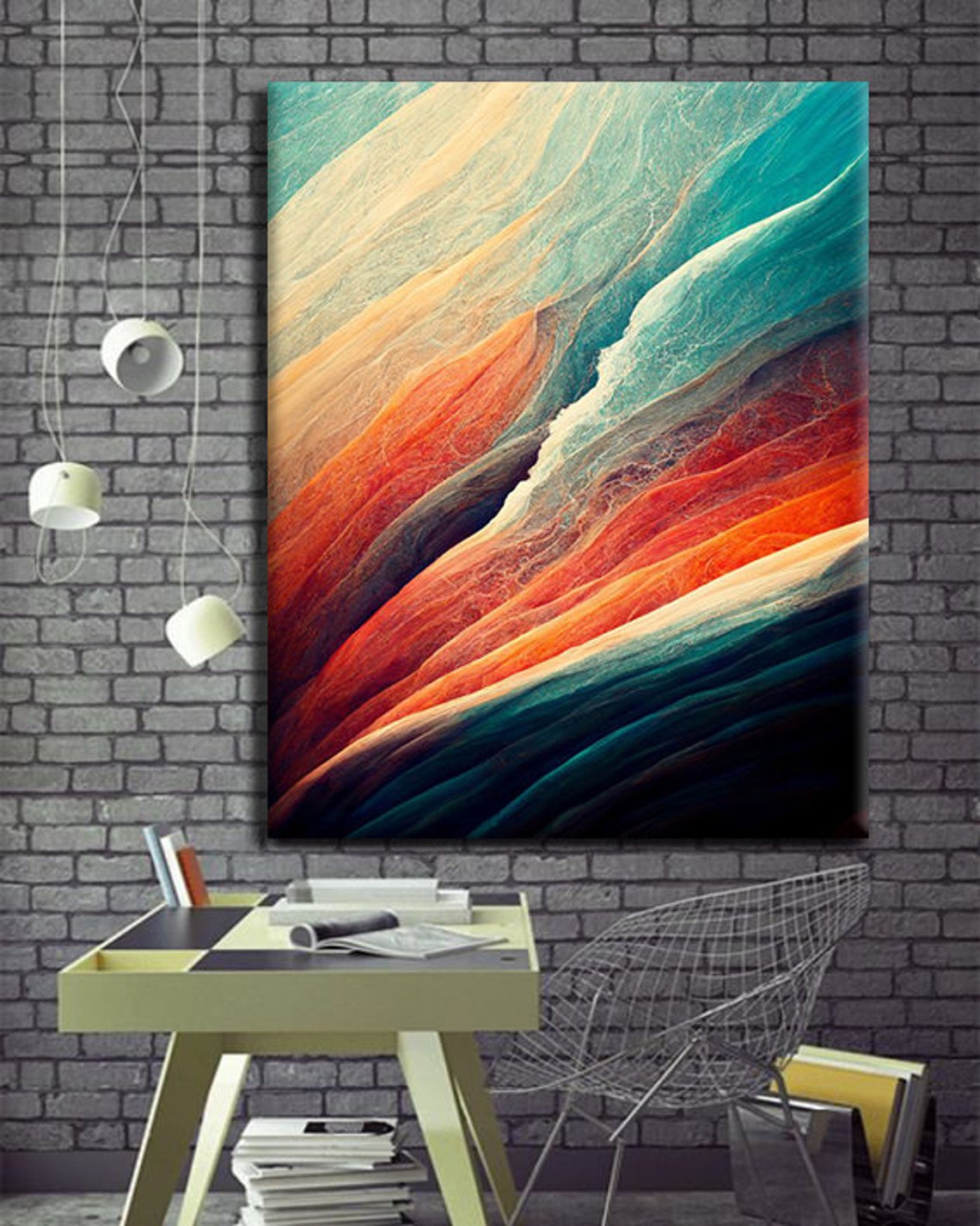 Abstract Flowing Waves Teal Orange Coral Modern Art Wall Print - Image 2