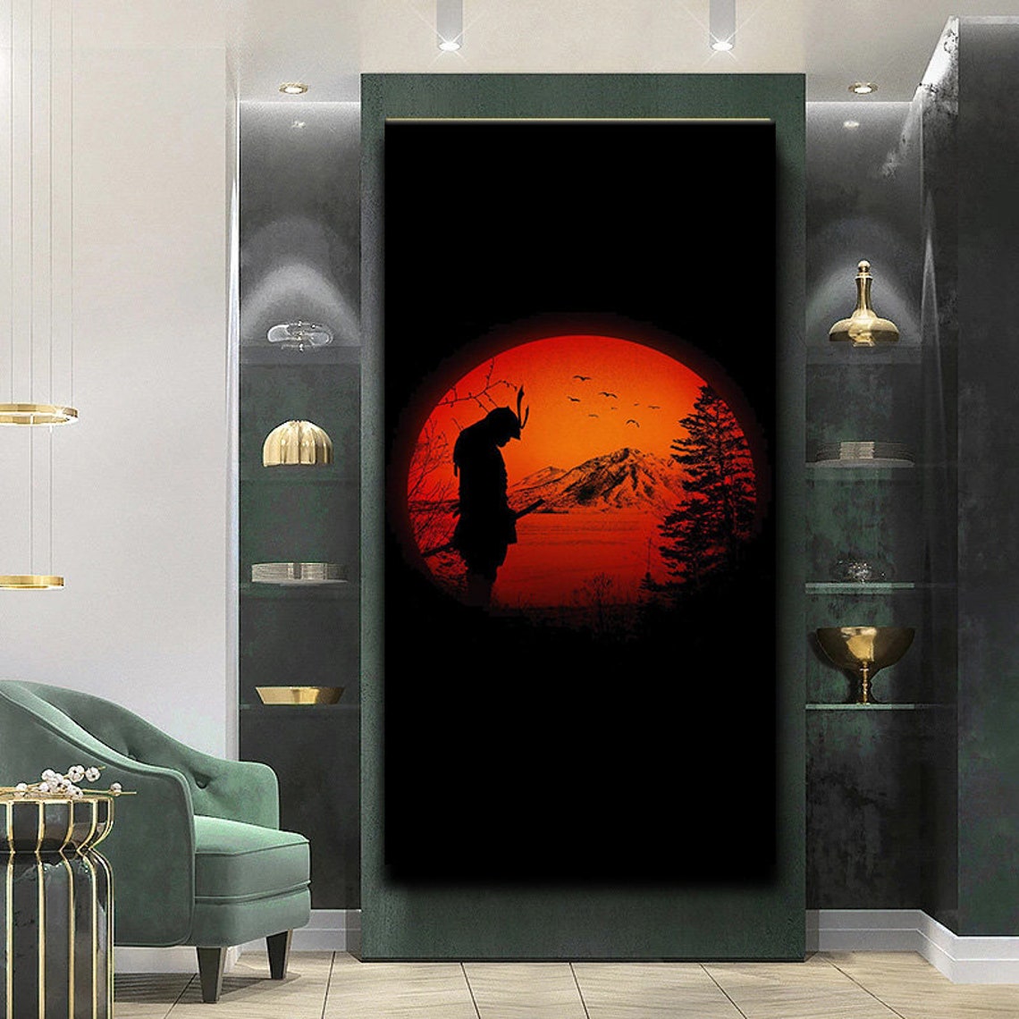 Samurai Silhouette Red Sun Mountain Lake Japanese Warrior Art Print - Image 2