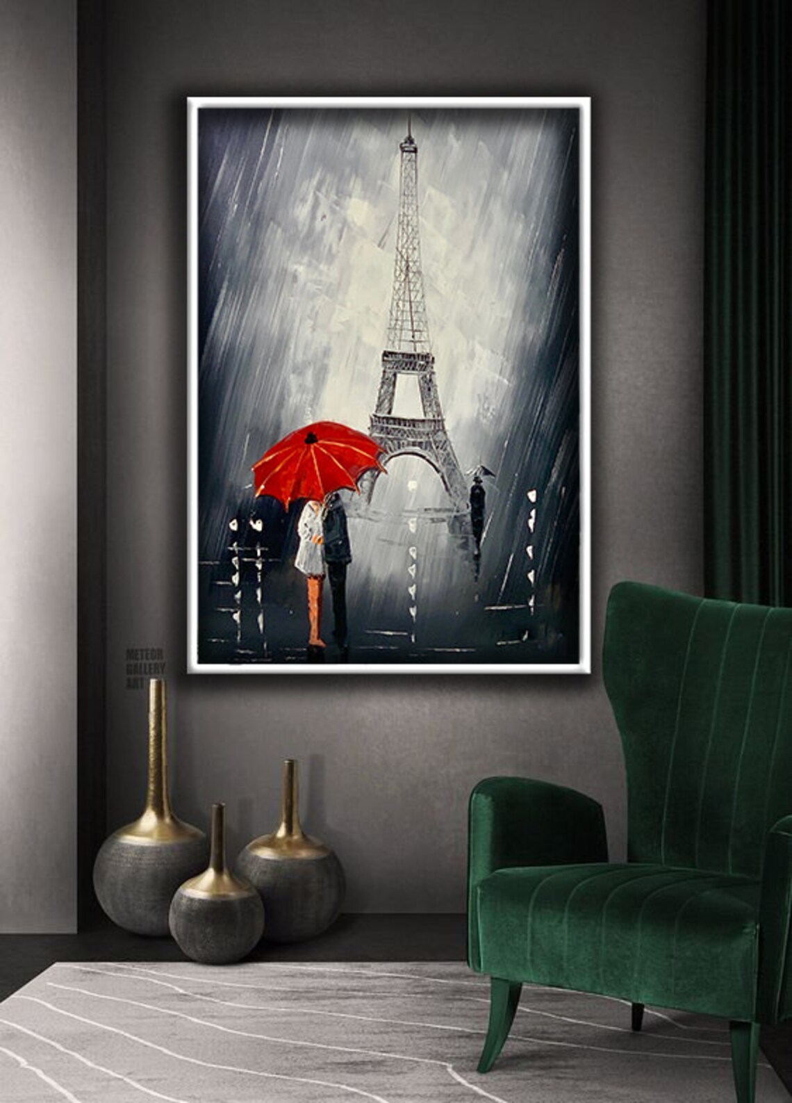 Eiffel Tower Rain Red Umbrella Lovers Romantic Paris Night Poster - Image 3