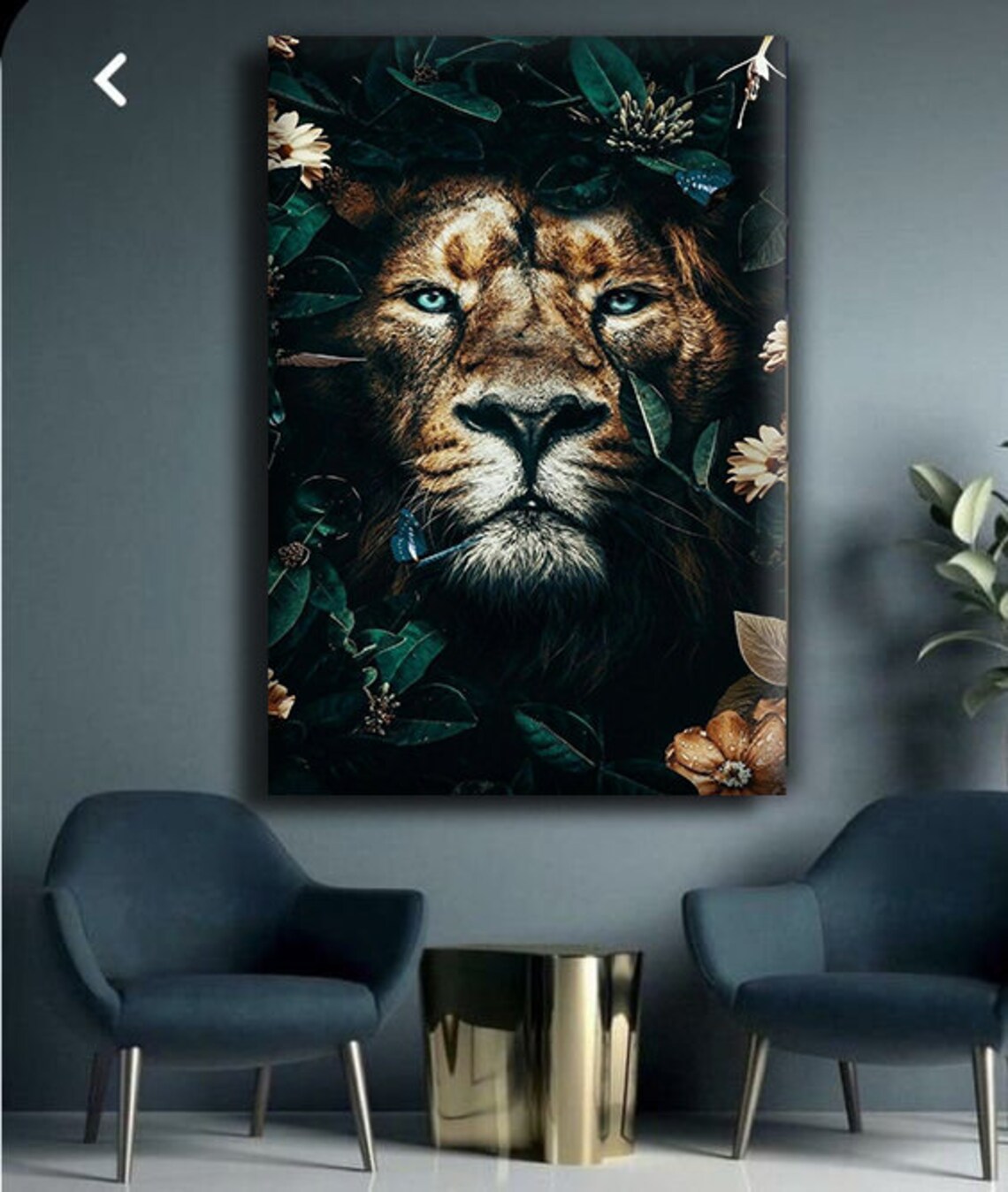 Lion Face Emerging Dark Jungle Leaves Flowers Dramatic Wildlife Portrait Poster - Image 2