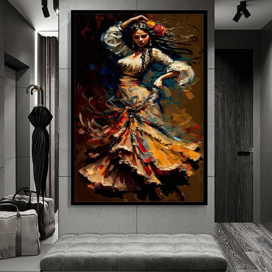 Flamenco Dancer Woman In Colorful Ruffled Dress Rose Hair Oil Painting Poster - Image 3