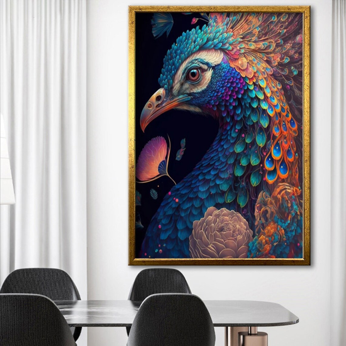 Vibrant Peacock Head Portrait Colorful Feathers Bird Art Poster - Image 4