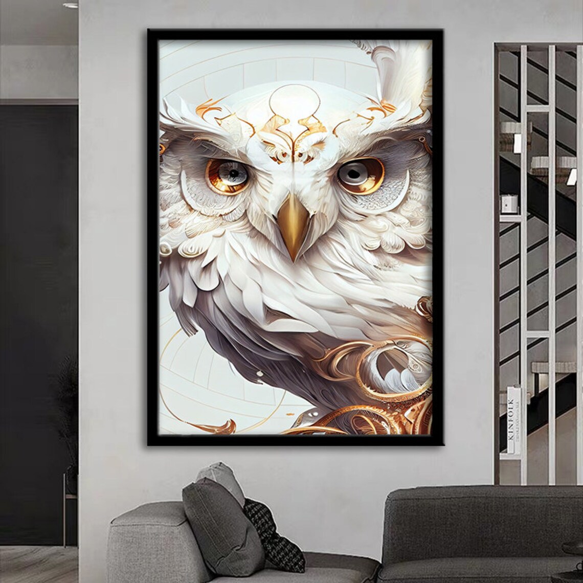 White Owl Golden Detail Majestic Close Up Bird Wall Art Poster - Image 2