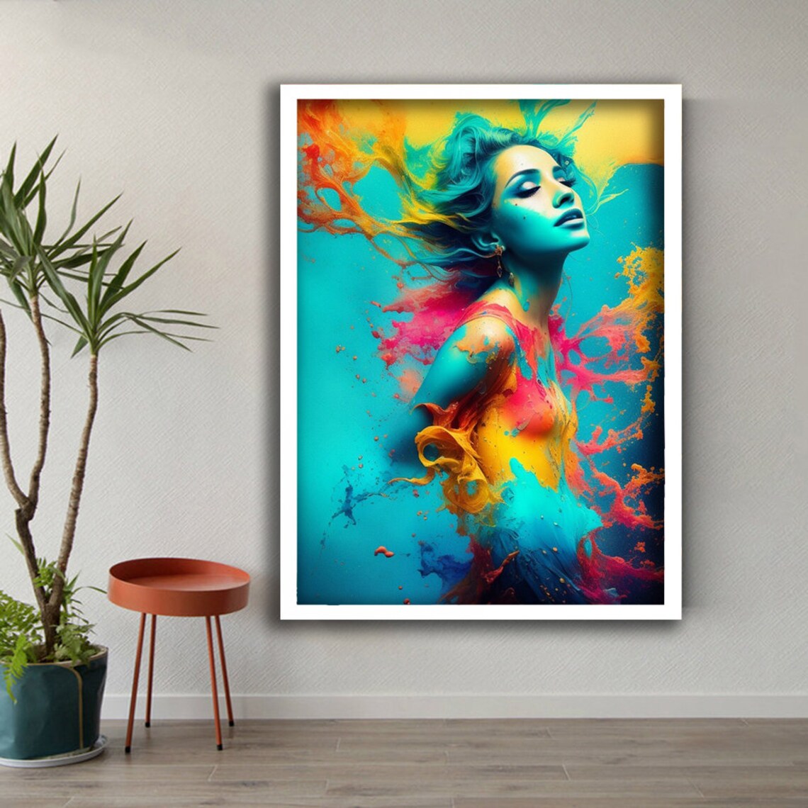 Woman Dissolving Colorful Paint Splash Explosion Vibrant Abstract Portrait Poster - Image 3