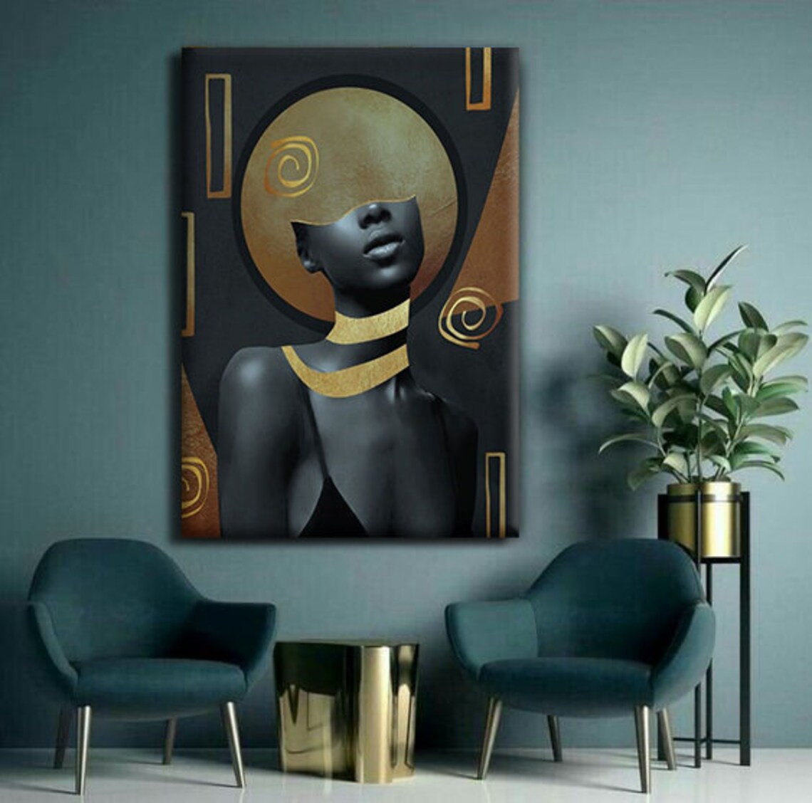 Elegant Black Woman Gold Mask Art Deco Modern Portrait Wall Print - Image 4
