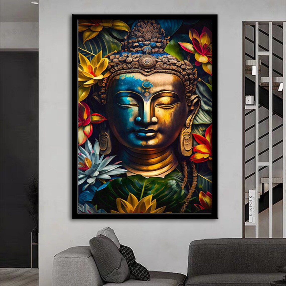 Zen Buddha Face Colorful Lotus Flowers Spiritual Wall Art Poster - Image 3
