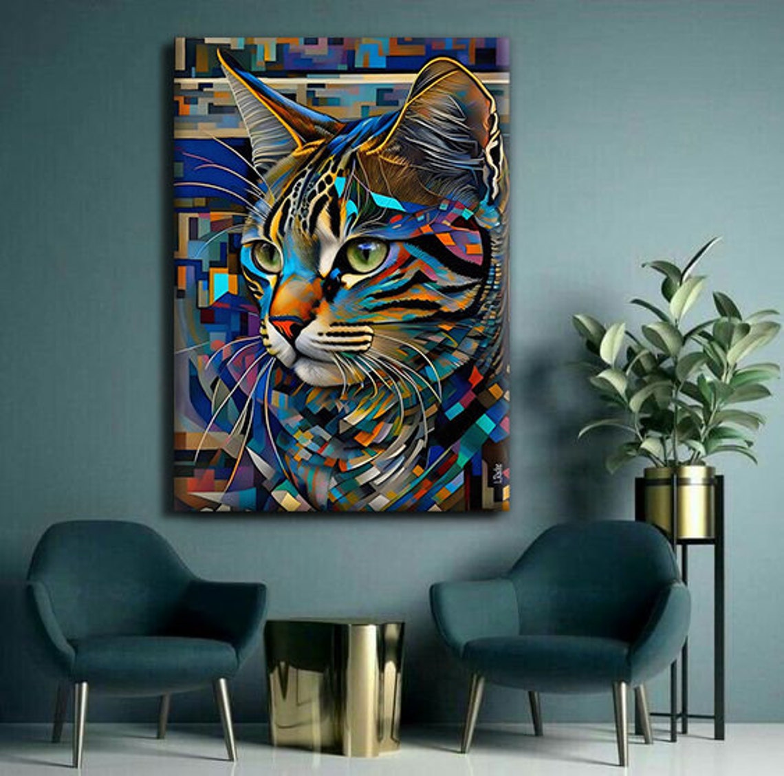 Colorful Mosaic Cat Portrait Geometric Modern Animal Wall Art Print - Image 2